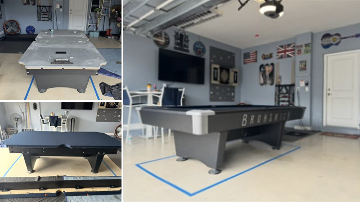 Pool table installation in three stages: slate with seams filled, cloth stretched over the slate, and the finished table