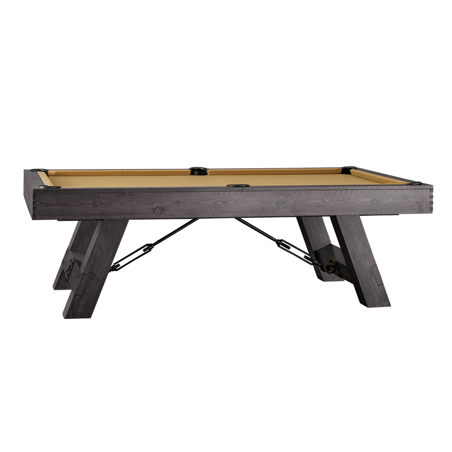 Savannah Pool Table in Charcoal with tan cloth, full side view on a black background