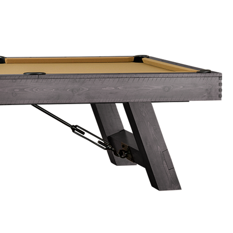 Savannah Pool Table angled leg with metal turnbuckle brace, close-up
